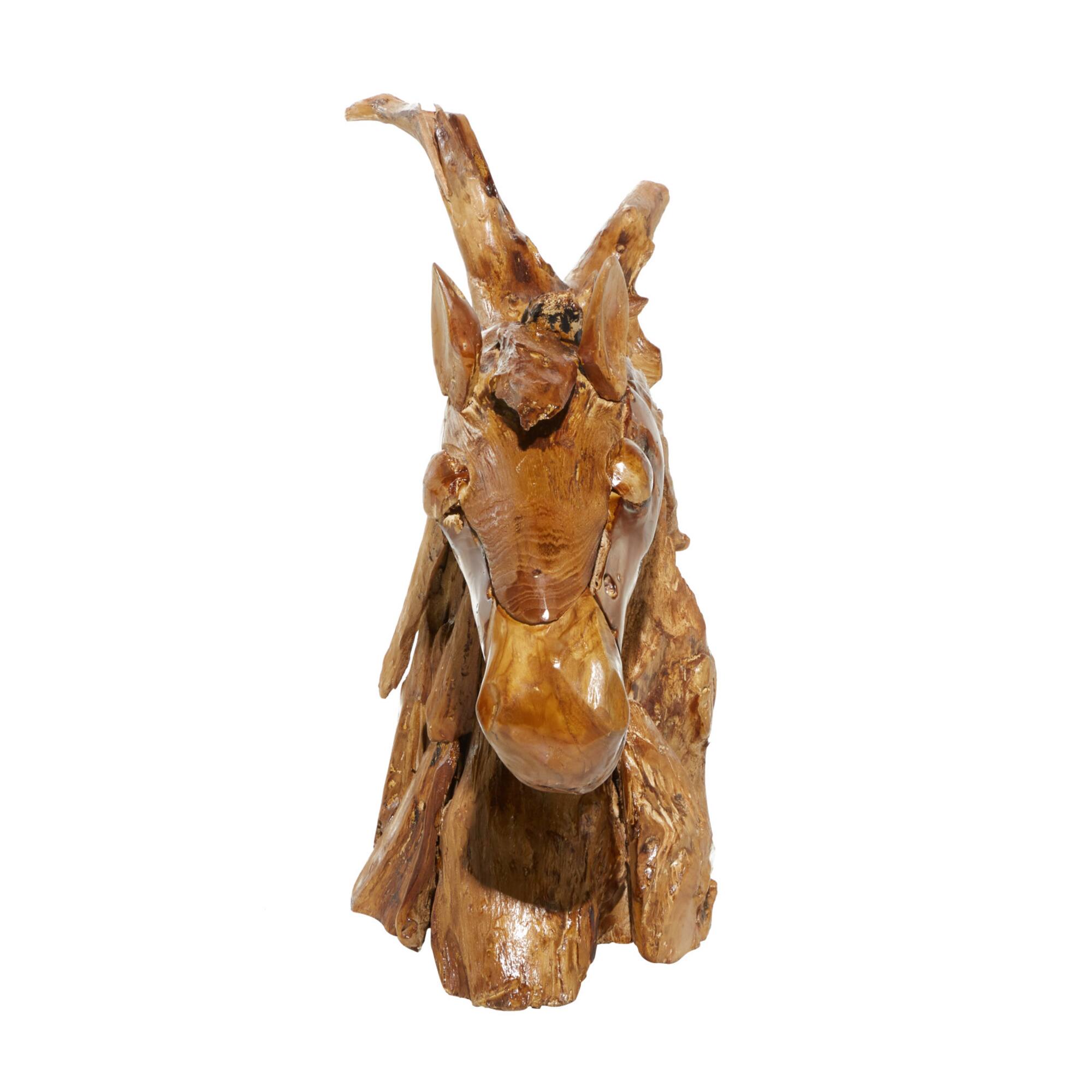 Brown Teak Wood Natural Horse Sculpture 23" x 25" x 10"